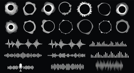 Digital sound wave collection, circular audio equalizer set in white on black, 23 vector music frequency elements for podcast and radio production © Angel