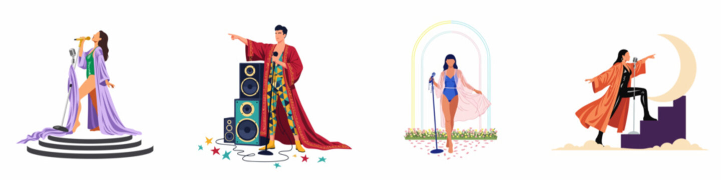 Set of four flat vector illustrations featuring diverse pop singers and performers on stage with various artistic props and stylish costumes.