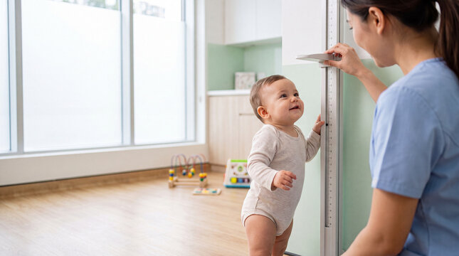 Pediatric healthcare professional measuring height of standing toddler boy using stadiometer developmental milestone assessment
