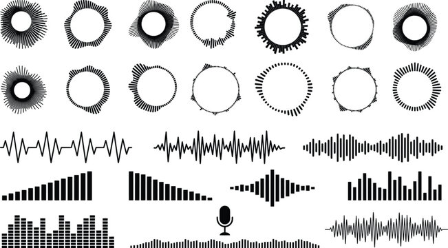 Abstract sound wave collection, circular audio frequency spectrum icons, digital music equalizer bars and podcast waveform set in EPS format