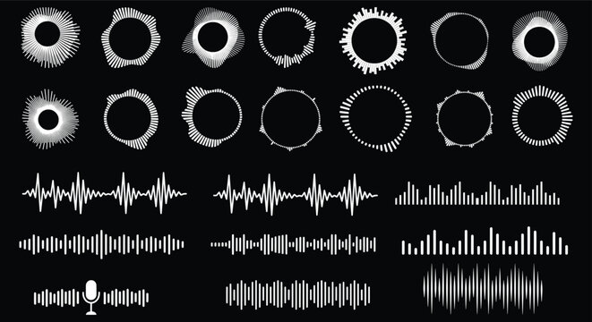 Digital sound wave collection, circular audio equalizer set in white on black, 23 vector music frequency elements for podcast and radio production