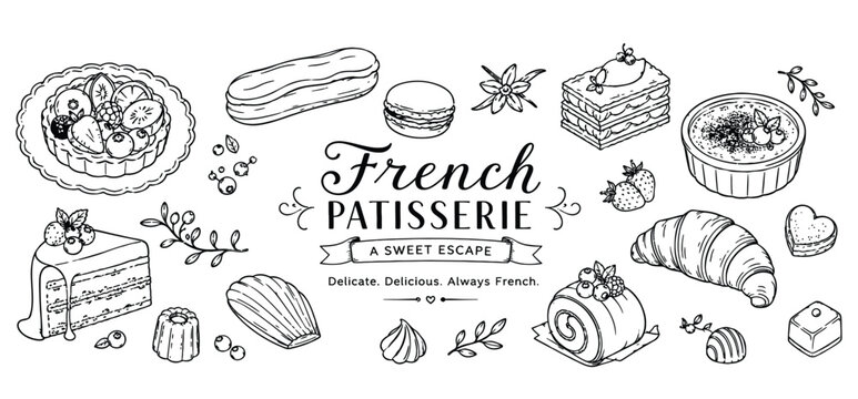 French patisserie desserts with elegant sweet pastries cakes and fresh bakery items.