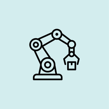 A bold line icon of a robotic arm, symbolizing industrial automation, robotics, and advanced manufacturing.
