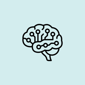 A minimalist bold line icon of a brain with circuit board patterns, representing artificial intelligence and cognitive computing.

