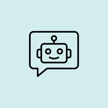 A bold line icon of a robot head inside a speech bubble, symbolizing AI customer support and automated assistants.
