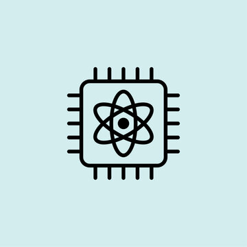 A minimalist icon of a processor chip with an atom symbol, representing quantum computing and high-speed processing.
