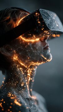 Woman immersed in VR technology with glowing digital network overlay for marketing background.