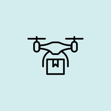 A clean line icon of a quadcopter drone carrying a package, representing autonomous delivery and future logistics.