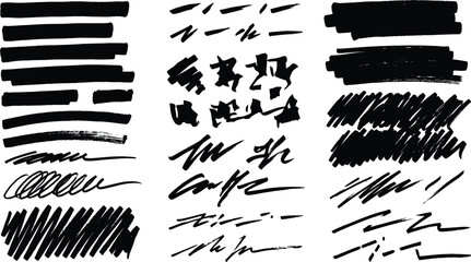 Naklejka premium Hand drawn marker strokes and scribbles, black ink brush textures on white background, collection of felt tip pen lines and highlight marks