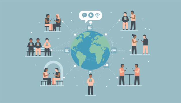 People from different parts of the world using tablets and smartphones to connect and communicate around a global map.