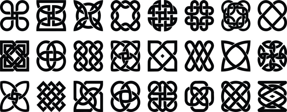 Celtic knot vector icons set, traditional mystical endless loop symbols, black geometric line art ornaments, 24 decorative ethnic knotwork elements