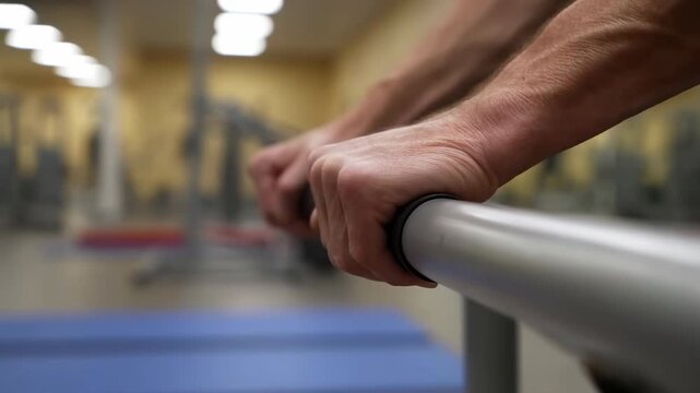 Close-up of mature hands gripping metal rail during rehabilitation exercise inside gym with focused stabilizing effort and visible tension in forearms and fingers