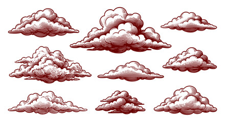 Vintage engraved cloud set, 9 hand-drawn aesthetic clouds with crosshatch shading, retro red ink sketch illustrations on white background © Angel