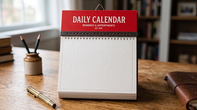 Blank Daily Desk Calendar Mockup on Wooden Office Table with Spiral Binding for Schedule Planning, Business Organization, Time Management, and Workspace Branding Template