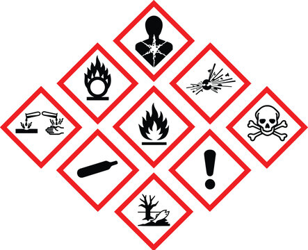 GHS hazard pictograms set of 9 icons, globally harmonized system chemical safety symbols, industrial warning labels in red diamond frames