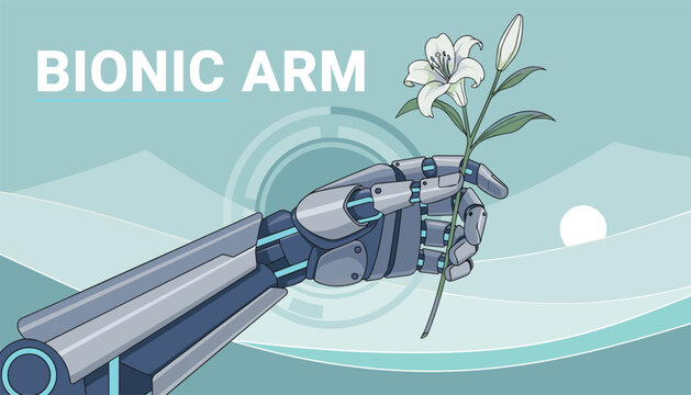 Advanced robotic bionic arm holding a delicate white lily flower to show the harmony between nature and technology.