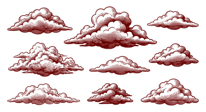 Vintage engraved cloud set, 9 hand-drawn aesthetic clouds with crosshatch shading, retro red ink sketch illustrations on white background