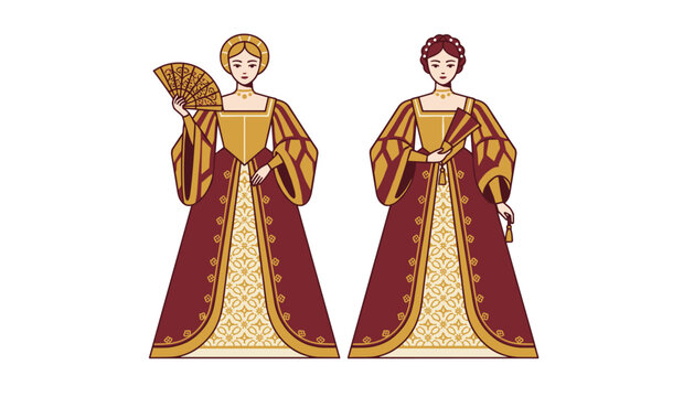 Two renaissance noble ladies dressed in elegant maroon and gold gowns holding ornate folding hand fans.