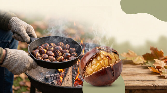 Person roasting chestnuts in pan over fire outdoors in autumn  