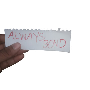 Hand holding a paper note with always bond text isolated on transparent background