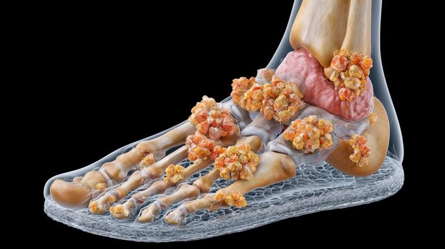 Detailed Illustration of Human Foot Anatomy with Emphasis on Bone Structure and Abnormal Growths in Foot Area