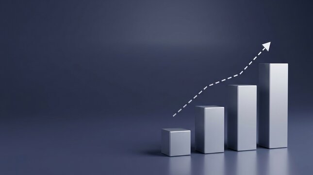 Bar chart growth, business analytics, performance visualization concept with white bars and rising arrow.