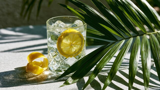 Cool drink with lemon peel sat on table near bright green leaves, making a chill island feeling.