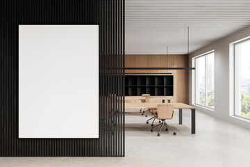 Fototapeta na wymiar Large interior poster mockup on modern office wall featuring clean empty design with bright backdrop and abstract layout for spacious presentation needs. 3D Rendering