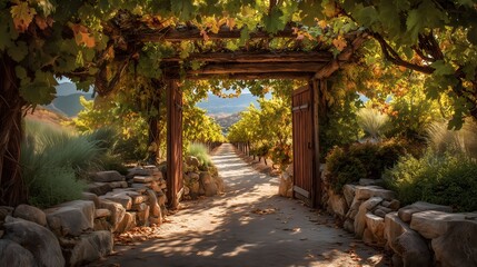 Obraz premium Vineyard entrance framed with grapevines and colorful autumn foliage. Inviting wine tourism destination ideal for travel marketing, winery advertising, and seasonal promotions.