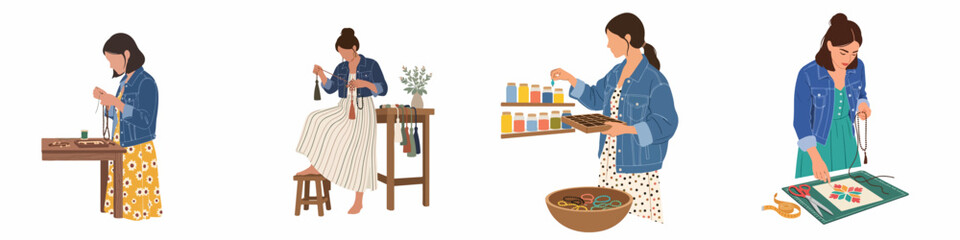 Fototapeta premium Set of flat illustrations showing a creative woman crafting handmade jewelry, embroidery, and decorative accessories in her home studio space.