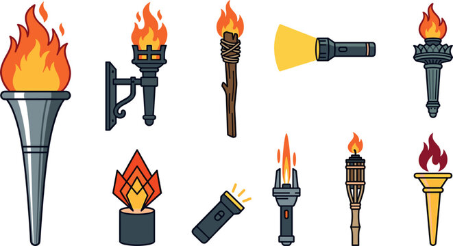 Burning Torch and Light Source Icon Set Featuring Flame Fires Modern Flashlights Medieval Sconces and Olympic Style Branded Logos for Web Graphic Designs Vector Illustration