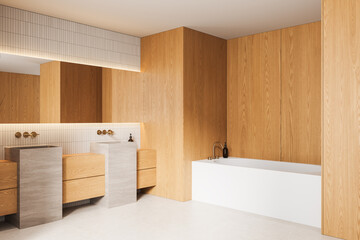 Fototapeta na wymiar Minimalist wooden bathroom interior featuring modern stone sinks, a sleek white bathtub, warm lighting accents, and refined architecture elements. 3D Rendering
