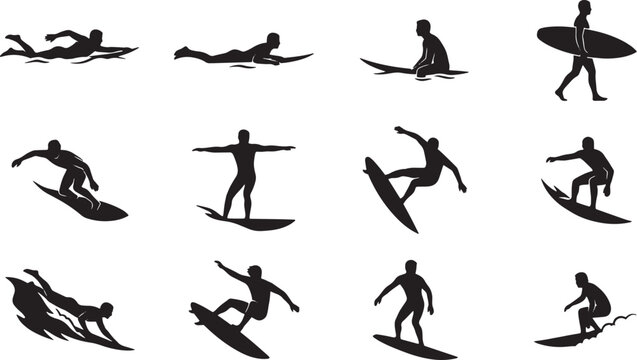 Surfing, surfer silhouettes, black icons, vector graphics, sports illustrations isolated on Transparent Background