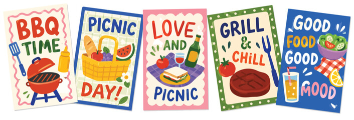 Naklejka premium Colorful summer picnic and outdoor barbecue party poster collection.