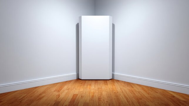 Modern white air purifier standing in the corner of a room with wooden floor.