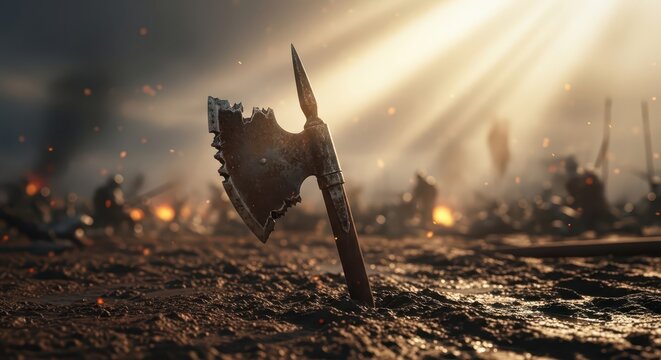 A Rusty Halberd Head Stands in a War-Torn Landscape