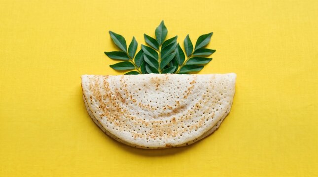 Appetizing neer dosa with fresh green leaves on yellow background