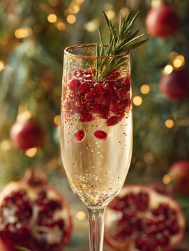Luxury champagne cocktail with pomegranate seeds, rosemary, gold glitter, elegant crystal flute, Christmas lights, premium holiday celebration, white background.