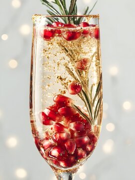 Luxury champagne cocktail with pomegranate seeds, rosemary, gold glitter, elegant crystal flute, Christmas lights, premium holiday celebration, white background.