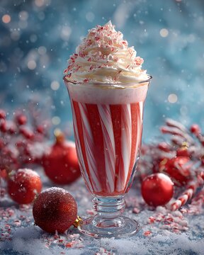Christmas candy cane cocktail with whipped cream, crushed peppermint candy, festive red and white colors, snowy background, Christmas ornaments, realistic drink photography.