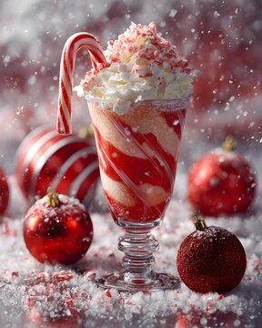 Christmas candy cane cocktail with whipped cream, crushed peppermint candy, festive red and white colors, snowy background, Christmas ornaments, realistic drink photography.