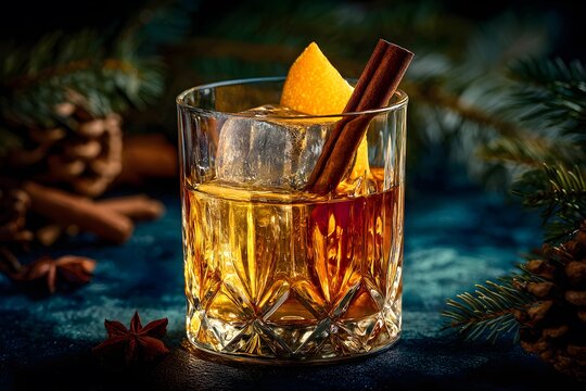 Premium whiskey Christmas cocktail with orange peel, cinnamon stick, large ice cube, elegant crystal tumbler, dark moody background, pine branches.