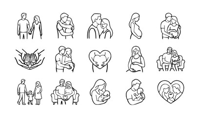 Fototapeta premium Happy Couple and Maternity Line Art Mega Bundle with Husband Wife Pregnancy Family Love Outline Vector Collection
