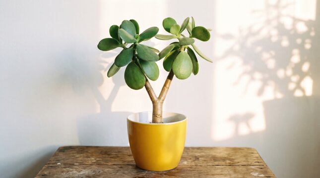 Jade plant in yellow pot on wooden table