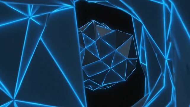A glowing geometric sphere composed of dark triangular facets with blue light edges
