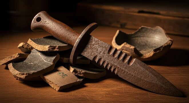 A Rusty Serrated Dagger Lies Amidst Ancient Pottery Shards