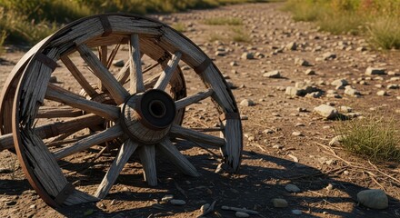 Fototapeta premium A Shattered Wooden Chariot Wheel on a Dusty Ground