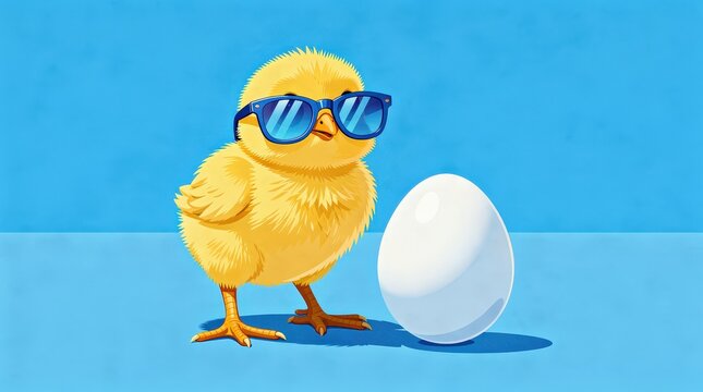 A cool yellow chick wearing blue sunglasses stands confidently beside a white egg on a bright blue background.