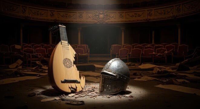 A Shattered Lute and Knight's Helmet in a Ruined Theater