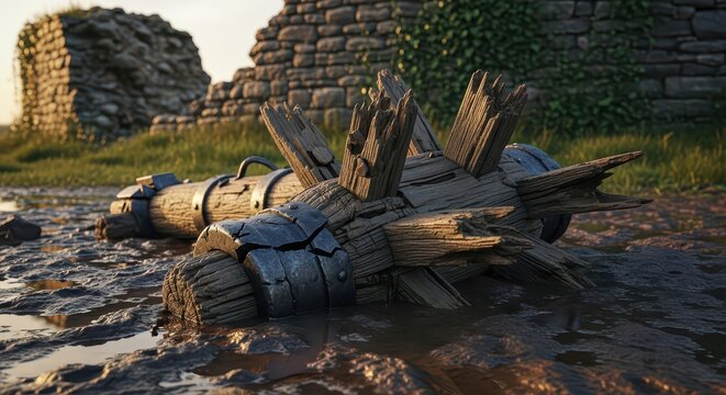 A Shattered Wooden Battering Ram Amongst Ancient Stone Ruins